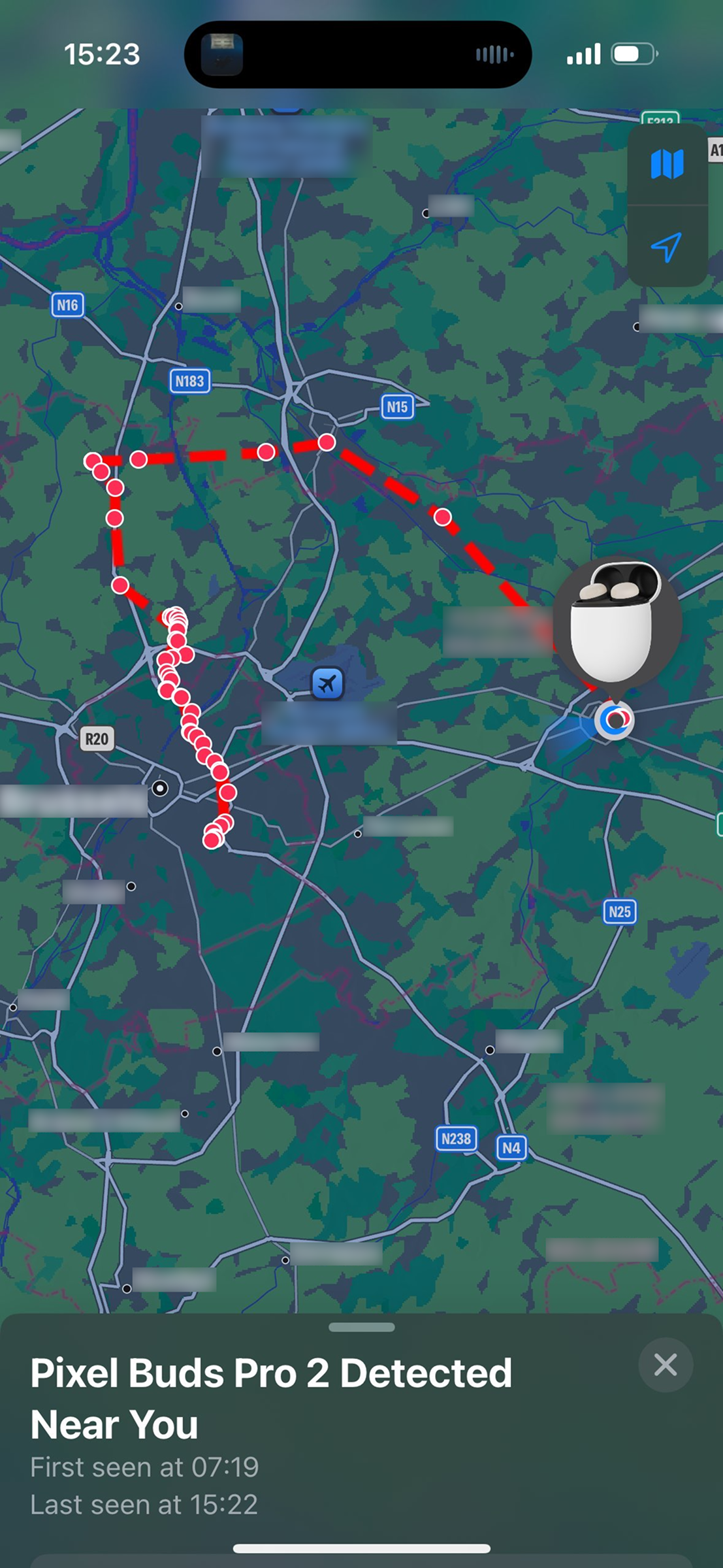 A screenshot showing an unwanted tracking notification indicating that a pair of Pixel Buds Pro 2 has been detected. A map displays the locations where the earbuds were detected near the device.
